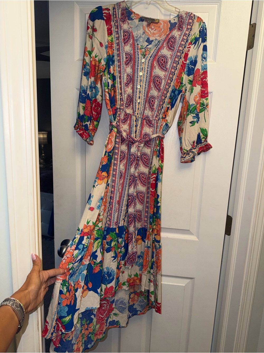 Boho Floral Midi Dress with Tie Waist - Cream Multicolor